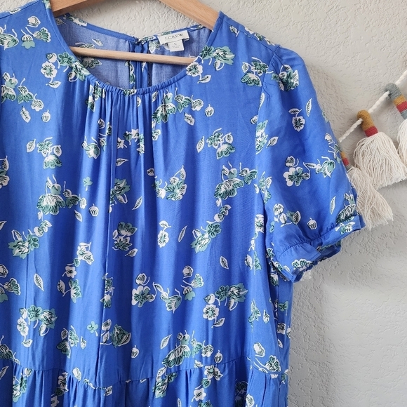 J. Crew Blue Floral Puff Sleeve Tiered Midi Dress Boho Peasant Flowy Beachy L - Picture 6 of 13